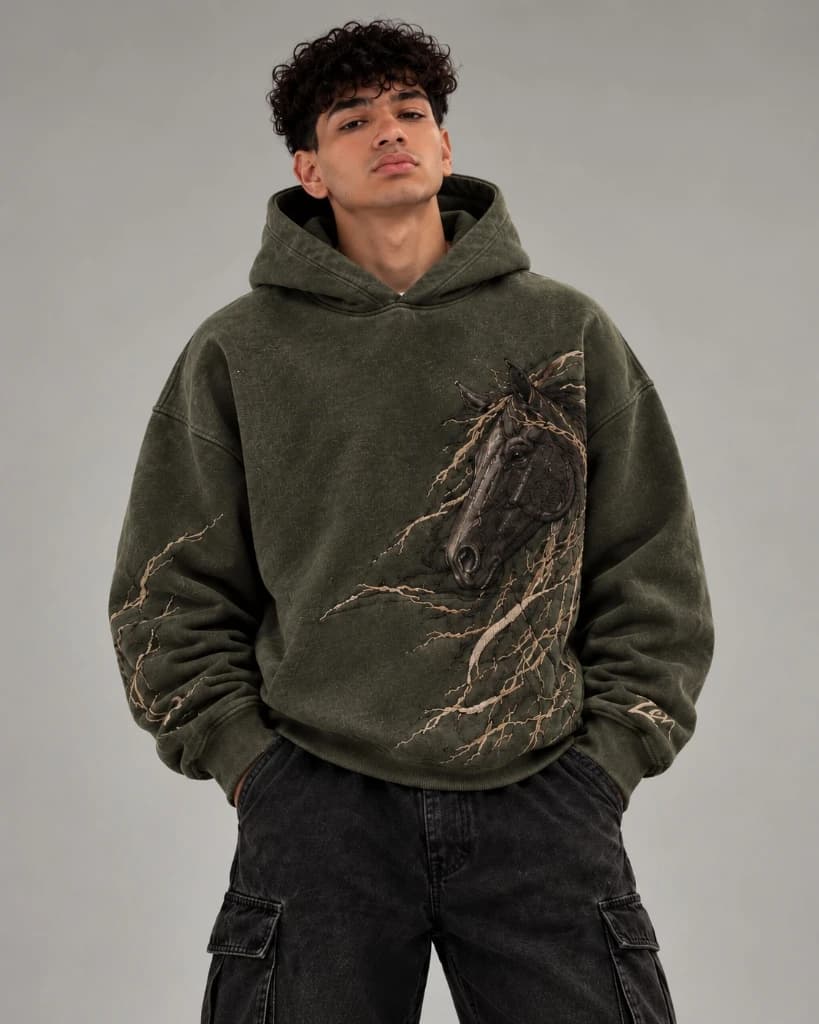 NO REINS Olive hoodie, front view